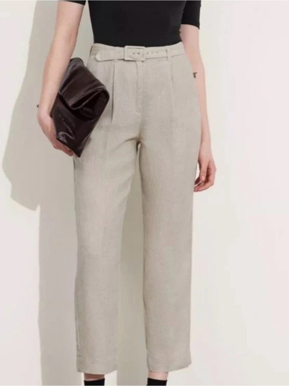High-Waist Straight-Leg Women's Pants in Light Beige Linen